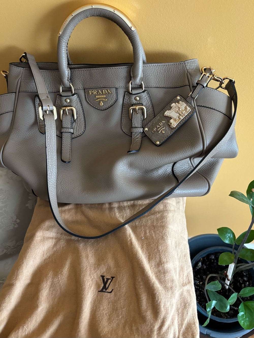 Prada Gray Leather Satchel with Gold-Tone Hardware. Authentic